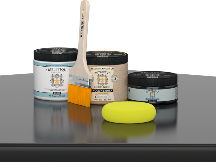Retique It® Classic Black Brush-On Kit with Gloss TripleTique® includes a brush, Light Wood primer, Classic Black Gel Stain Alternative, Gloss TripleTique® top coat, and a yellow sponge.