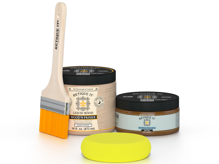 Retique It® Dark Oak Multipurpose Kit contents with Liquid Wood primer, Dark Oak gel stain alternative, paintbrush, and yellow sponge.