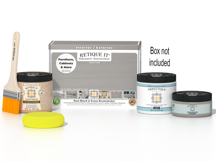 Retique It® Weathered Wood Multipurpose Kit with Liquid Wood primer, Weathered Wood gel stain alternative, Tripletique satin interior top coat, paintbrush, and yellow sponge displayed with the product box.