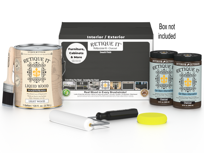 Retique It Multi-purpose Smooth Wood'n Finish Kit in charcoal with four large containers, designed for wood finishing and furniture.