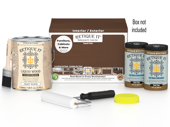Retique It Multi-purpose Wood'n Finish Kit in Dark Oak with four large bottles, showing the wood finishing products and packaging.