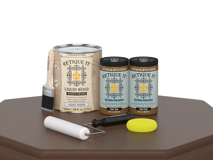 Retique It Multi-purpose Smooth Wood'n Finish Kit in Dark Oak, 4-piece set, includes wood finishing tools on a table surface.
