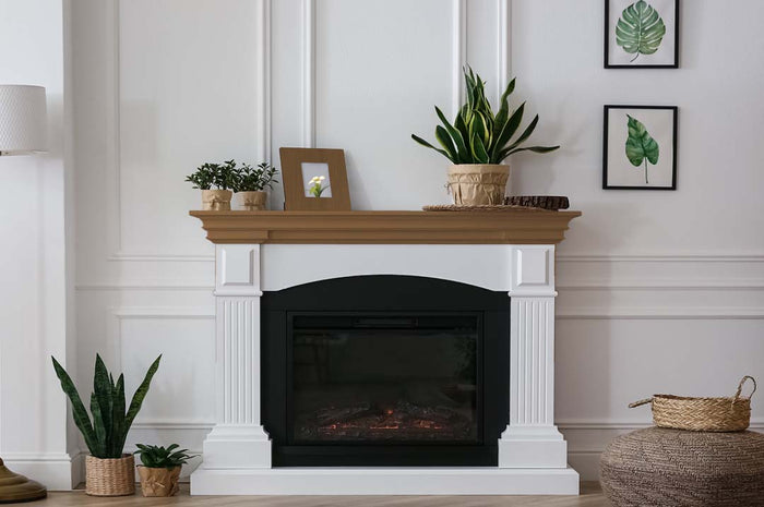 Retique It Multi-purpose Smooth Wood'n Finish Kit in Dark Oak, including four large containers, applied to a fireplace mantle.