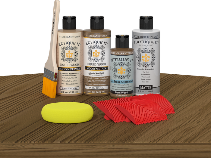 Retique It Wood'n Finish Kit in Barn Wood with exterior topcoat, featuring wood panels and finishing tools on a table surface.