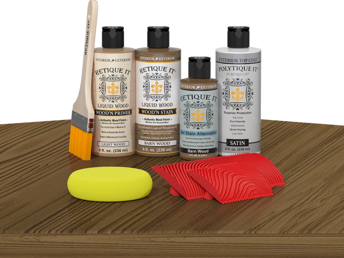 Retique It Wood'n Finish Kit in Barn Wood for exterior topcoat, shown on a table with wood sample and tools.
