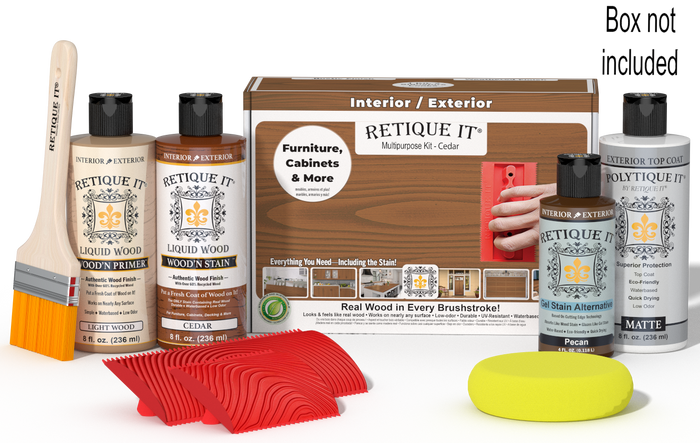 Retique It Wood'n Finish Kit in cedar for exterior top coat, includes brushes and wood treatment products in a compact box.