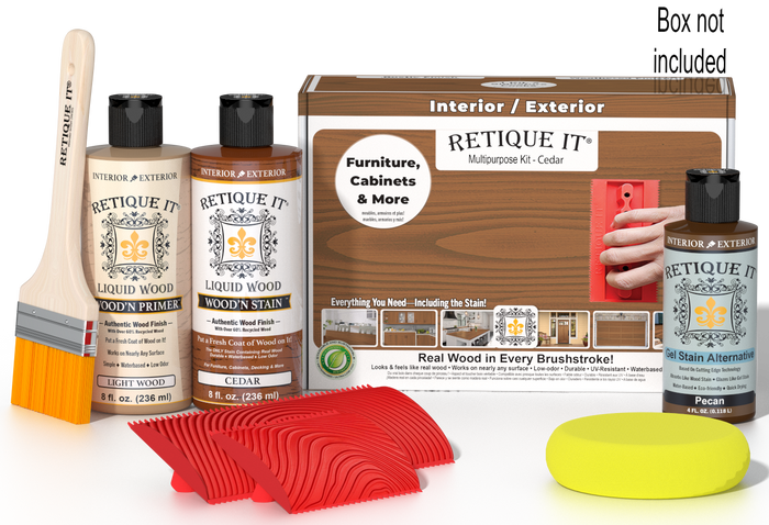 Retique It Wood'n Finish Kit in cedar color with wooden box, multi-purpose wood finishing set for furniture and projects.
