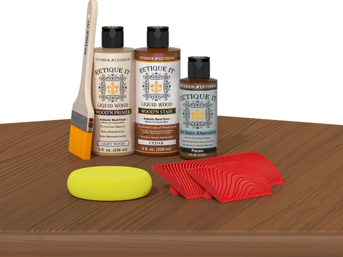 Retique It Wood'n Kit cedar finish, multi-purpose wood finishing kit shown on table with applicator tools and wood sample.