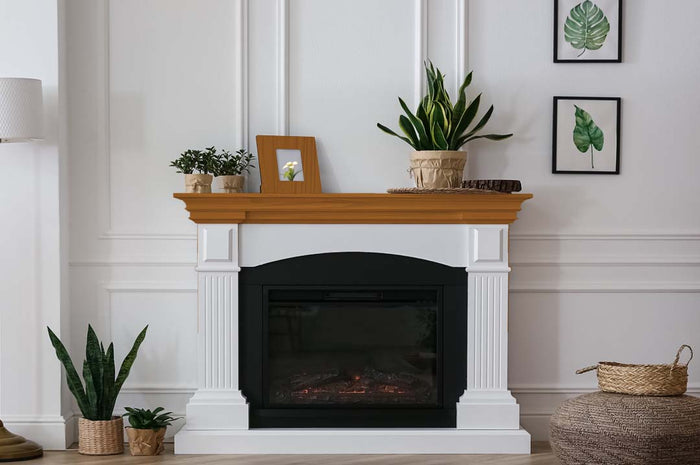 Retique It Cedar Wood'n Finish Kit for fireplace mantles, showing wood finish application on a classic wooden mantle.