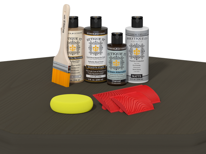 Retique It Wood'n Finish Kit in charcoal for exterior wood projects, shown on a table with tools and wood surface.