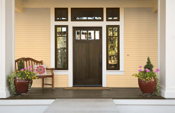 Retique It Wood'n Finish Kit in Charcoal for exterior wood surfaces, shown with front door application and finish details.