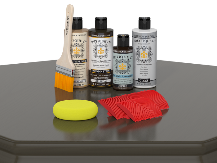 Retique It Wood'n Finish Kit in charcoal for exterior wood surfaces, showing a table with the kit's top coat and application tools.