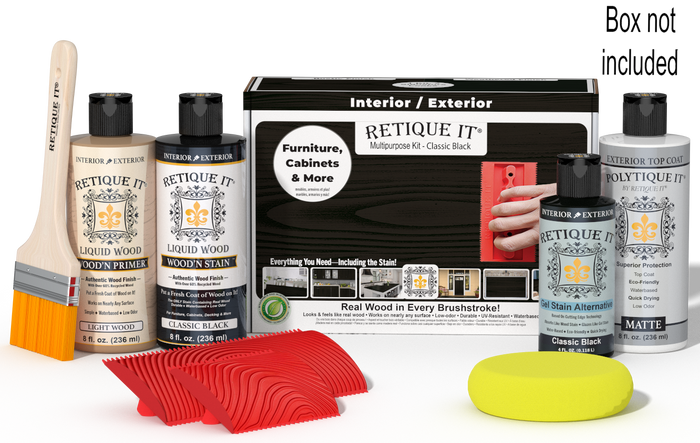 Retique It Wood'n Finish Kit in Classic Black for exterior top coating, includes wood finishing supplies and tools.