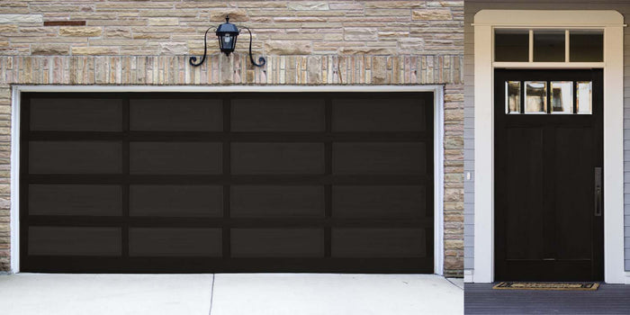 Retique It Wood'n Finish Kit in Classic Black for exterior wood surfaces, shown on a garage door with a smooth black finish.