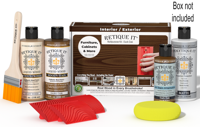Retique It Wood'n Finish Kit in Dark Oak for exterior wood, includes top coat and application tools in a boxed set.