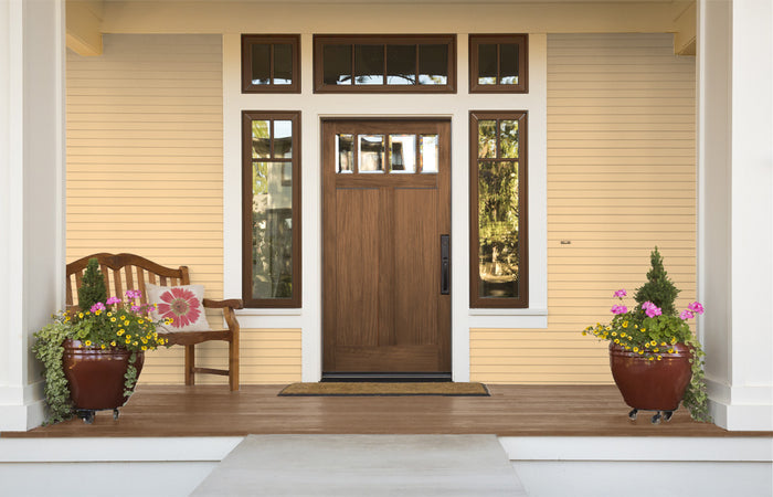 Retique It Wood'n Finish Kit in Dark Oak for exterior wood projects, showing the front door with rich, dark oak finish.