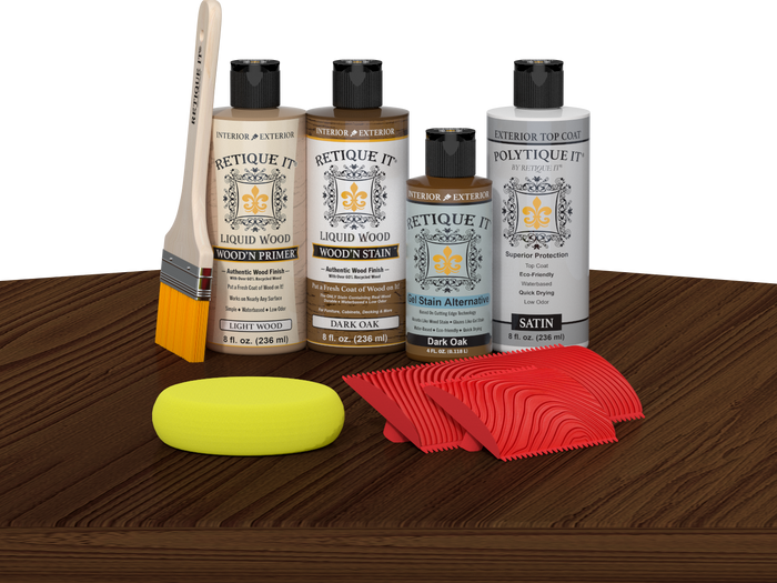 Retique It Wood'n Kit in Dark Oak with exterior top coat, featuring wood finish and application tools on a table.