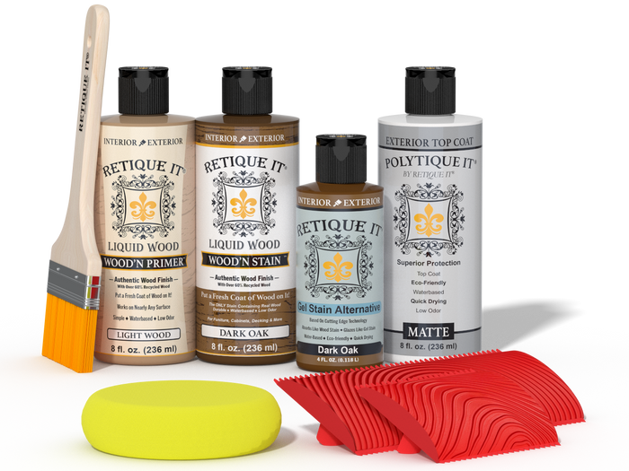 Retique It Wood'n Finish Kit in Dark Oak for exterior top coat, showing wood finishing tools and dark oak wood sample.