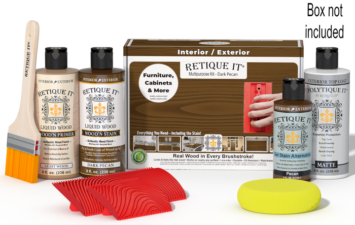 Retique It Wood'n Kit in Dark Pecan with exterior top coat, includes application tools and finish for wood projects.