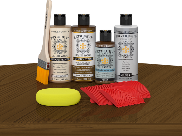 Retique It Wood'n Finish Kit in Dark Pecan, exterior top coat with wood finish and application tools on a table.