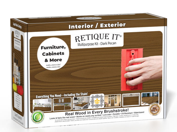 Retique It Wood'n Finish Kit in Dark Pecan for exterior wood projects, includes top coat and application tools in a box.