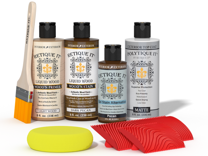 Retique It Wood'n Finish Kit in Dark Pecan with exterior top coat, featuring wood stain and finish products on a kit palette.