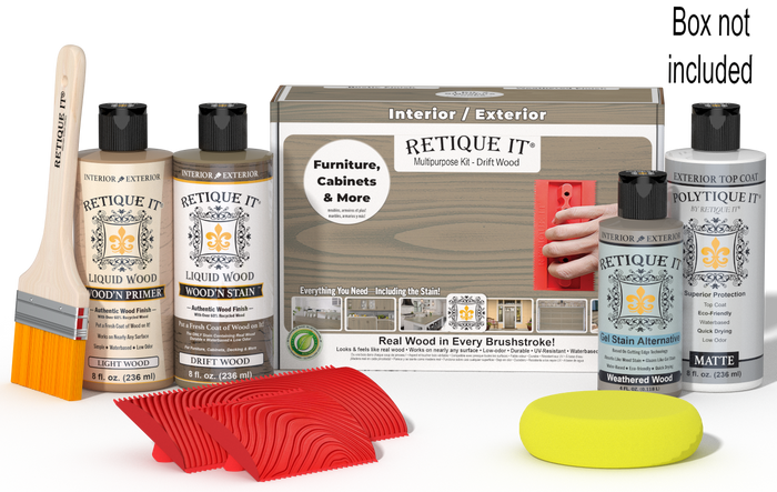 Retique It Wood'n Kit in Drift Wood finish with exterior top coat and applicator tools, designed for wood finishing projects.