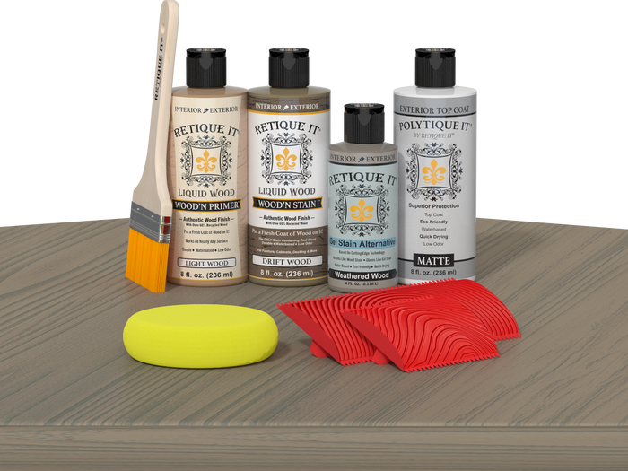 Retique It Wood'n Finish Kit in Drift Wood with exterior top coat, displayed on a table for multi-purpose wood finishing.