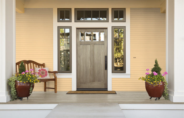 Retique It Wood'n Finish Drift Wood front door kit with stain, showcasing a rustic wooden door with natural finish and textured surface.