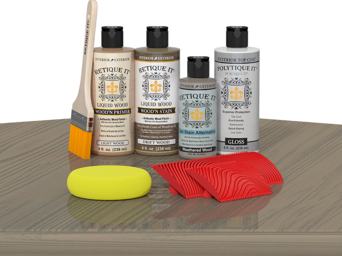 Retique It Wood'n Finish Kit in Drift Wood with exterior top coat, displayed on a table for multi-purpose wood finishing.