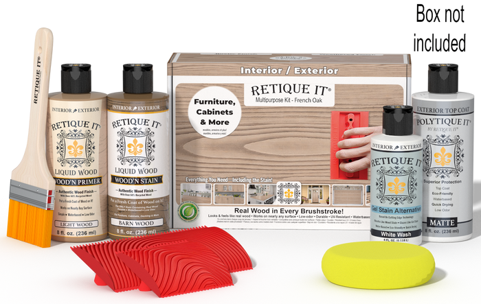 Retique It Wood'n Finish Kit for French Oak exterior top coat, includes wood finish and applicator tools in a kit box.