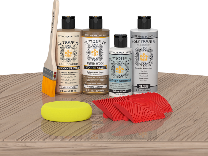 Retique It Wood'n Finish Kit in French Oak for exterior wood top coating, featuring wood finish and application tools on table.