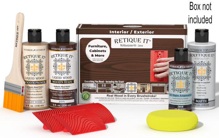 Retique It Wood'n Finish Kit Java exterior top coat with wood finish, included applicator and components in a box.
