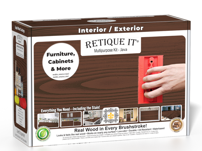 Retique It Wood'n Kit Java exterior top coat in a box, featuring wood finish supplies for multi-purpose outdoor wood protection.