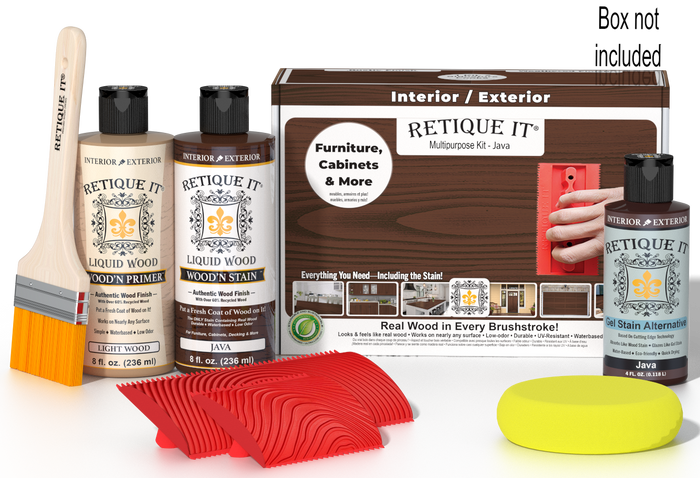 Retique It Multi-purpose Wood'n Kit Java with wood finish supplies and applicator included, ideal for furniture refinishing.