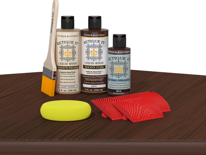 Retique It Wood'n Finish Kit Java on table, multi-purpose wood finishing kit with applicator and wood stain components.