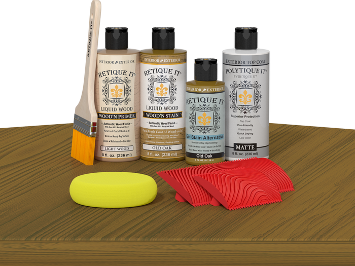 Retique It Wood'n Finish Kit in Old Oak for exterior top coating, showing the multi-purpose wood finish kit on a table.