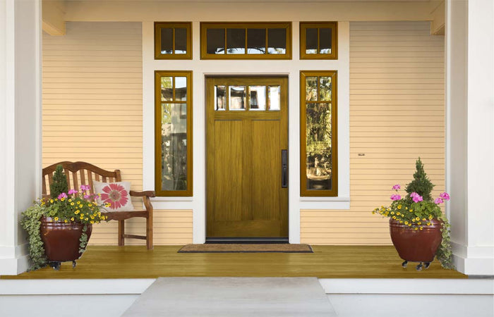 Retique It Wood'n Finish Kit in Old Oak for exterior wood projects, shown on a front door with natural oak finish and protective top coat