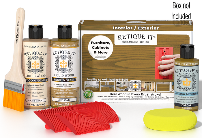 Retique It Wood'n Finish Kit in Old Oak, a versatile wood finishing set with brushes and tools for furniture restoration.