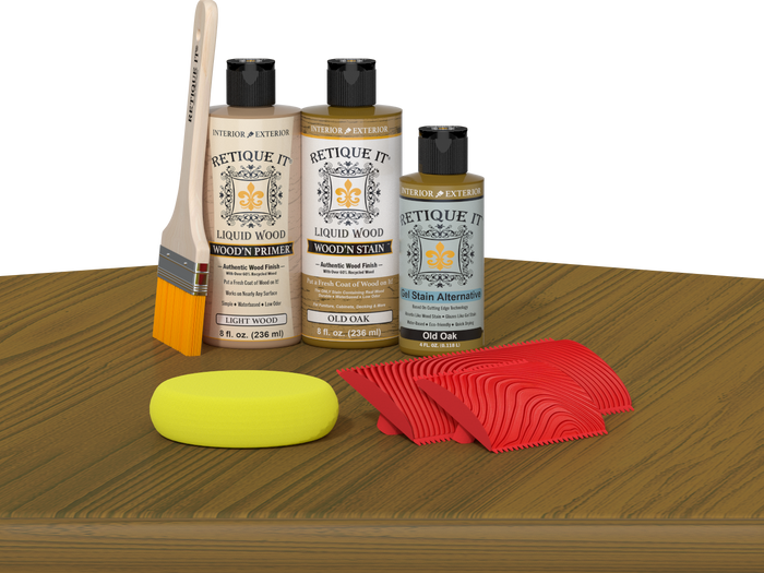 Retique It Wood'n Finish Kit in Old Oak, multi-purpose wood finishing kit displayed on a table with wood samples.