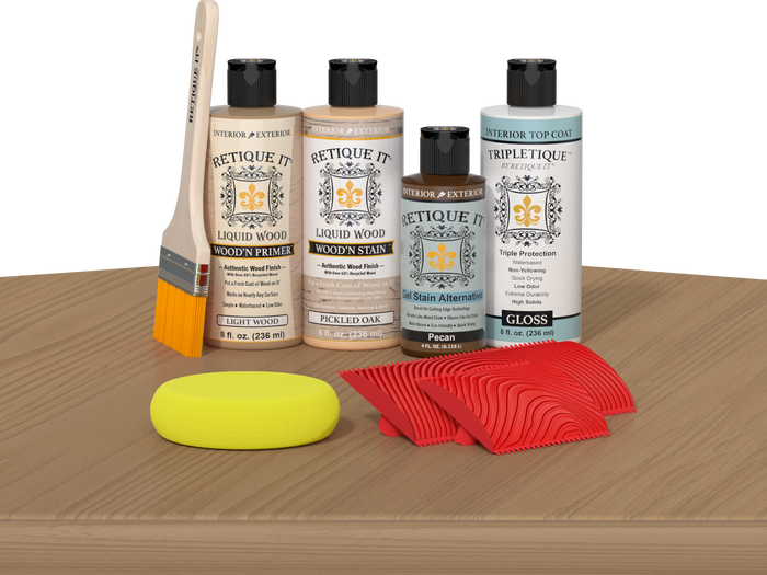 Retique It® Pickled Oak Wood'n Kit with Light Wood primer, Pickled Oak stain, Pecan gel stain alternative, Gloss Tripletique® Top Coat, brush, red graining tool, and yellow sponge.