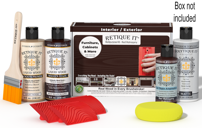 Retique It Wood'n Finish Kit in Red Mahogany for exterior top coating, shown with application tools and product packaging.