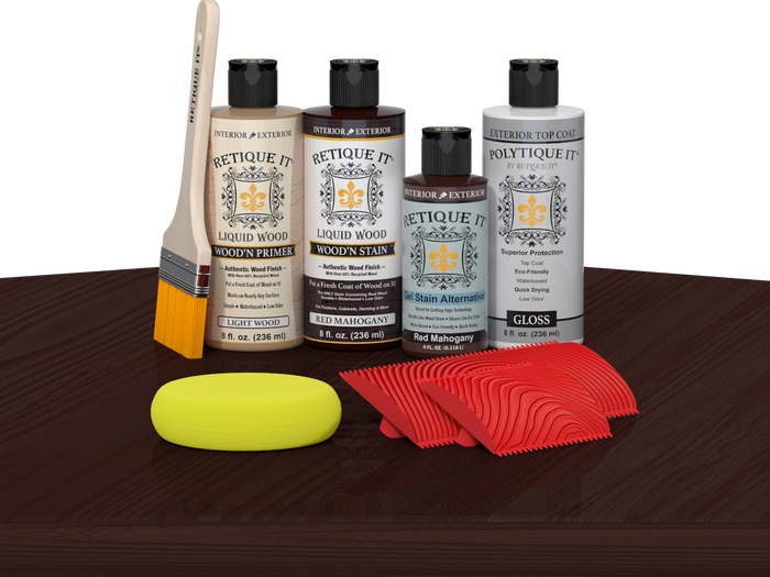 Red Mahogany Wood'n Finish Kit by Retique It with exterior top coat and tools, displayed on a table for multi-purpose wood finishing.