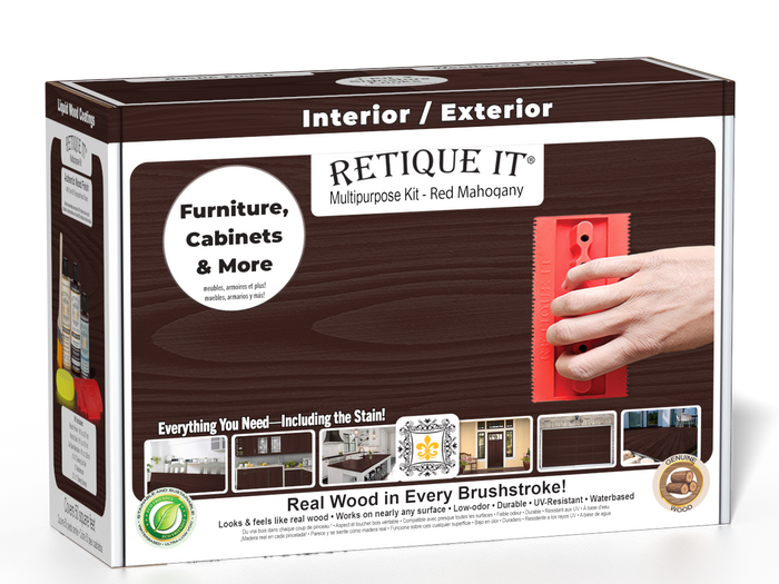 Retique It Wood'n Finish Kit in Red Mahogany for exterior wood surfaces, includes top coat for durable protection and finish.