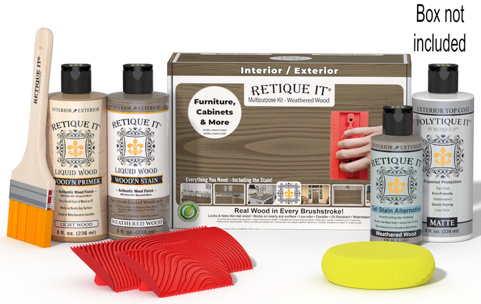 Retique It Wood'n Kit in Weathered Wood finish, exterior top coat with wood finish products, shown in box and palette.