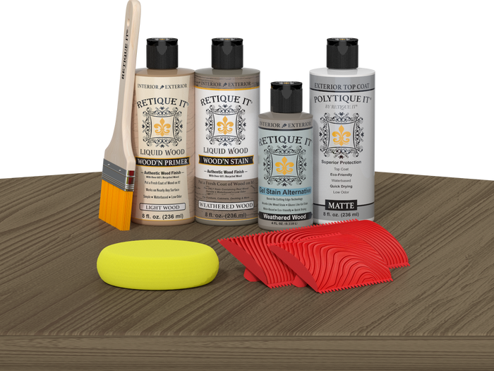 Retique It Wood'n Finish Kit in Weathered Wood, exterior top coat, showing applicator and weathered wood finish on a wooden surface.