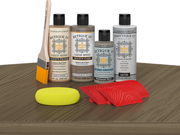 Retique It Wood'n Finish Kit in Weathered Wood, featuring exterior top coat and wood finish supplies on a table.