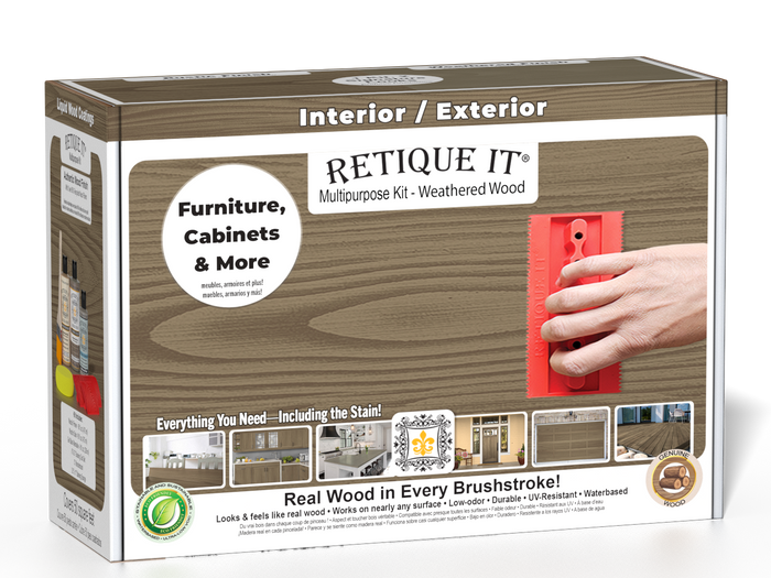 Retique It Wood'n Kit Weathered Wood exterior top coat and finish kit with brushes and applicators for weathered wood projects.