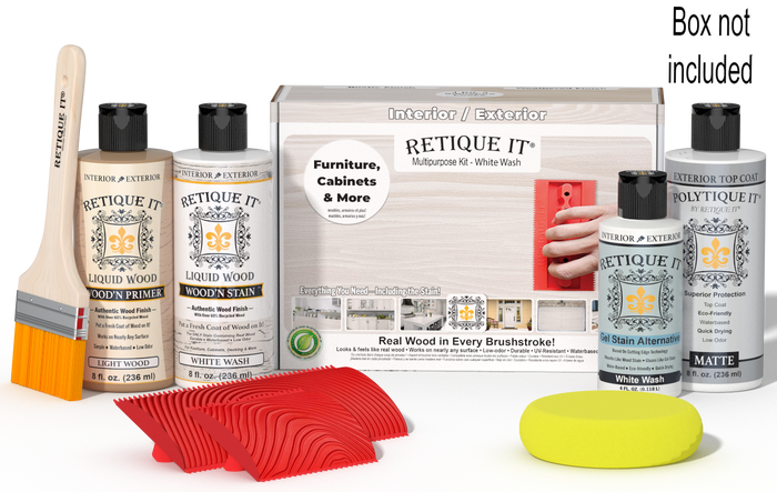 Retique It Wood'n Finish Kit in White Wash for exterior top coat, showing the kit box with wood finishing supplies.