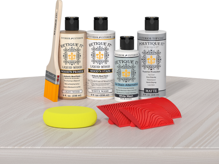 Retique It Wood'n Finish Kit in White Wash for exterior wood, shown with applicator and sample wood surface.